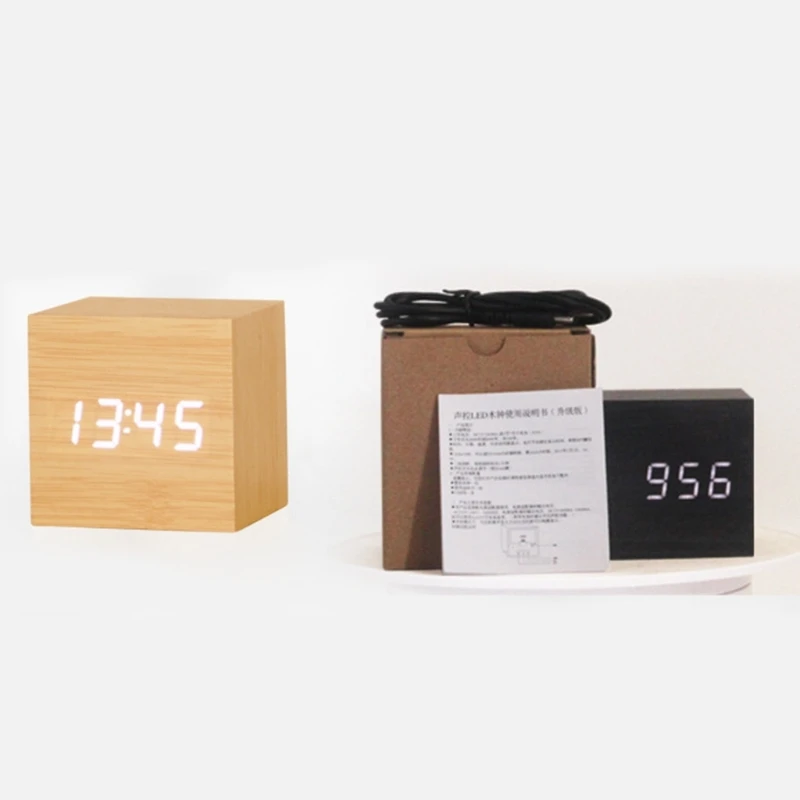 Wood Cube Voice Control Led Alarm Clock Home Bedroom Dormitory