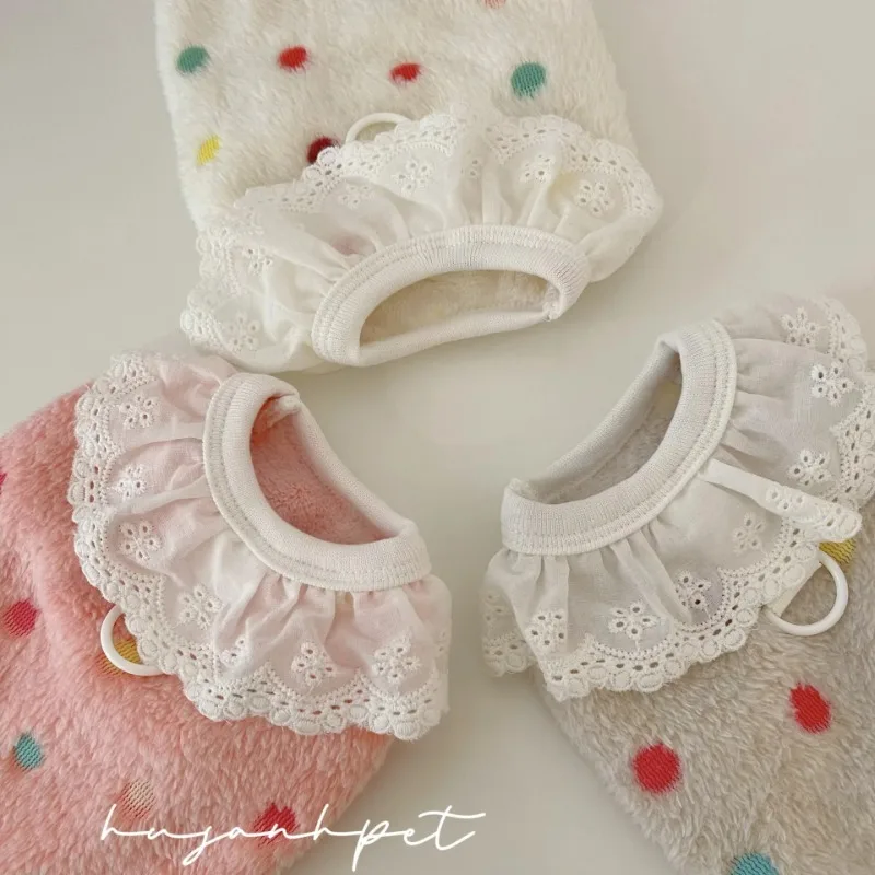 

Pet Clothes Lace Warm Winter Cute Polka Dot Velvet Hoodie Cute Lace Collar Vest Teddy Bear Can Be Pulled Home Clothes Jacket