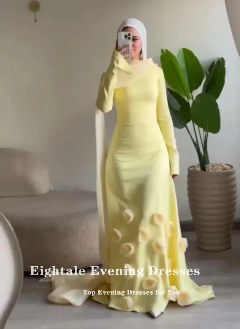 Eightale 아랍어 이브닝 드레스 오-넥 댄스 파티 드레스 맞춤형 새틴 3D 꽃 노란색 웨딩 파티 드레스 인어 로브 드 Soirée