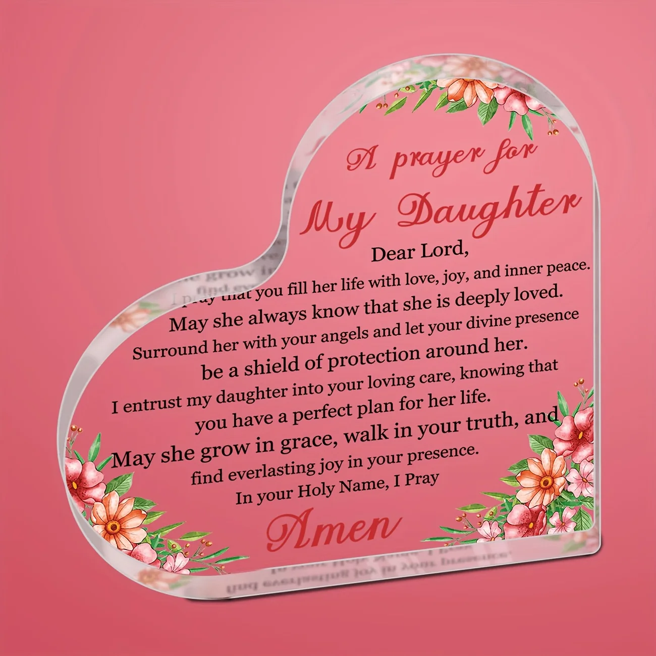 A Prayer For My Daughter Heart‑Shaped Acrylic Tabletop Plaque, Floral Religious Inspirational Desk Keepsake Gift