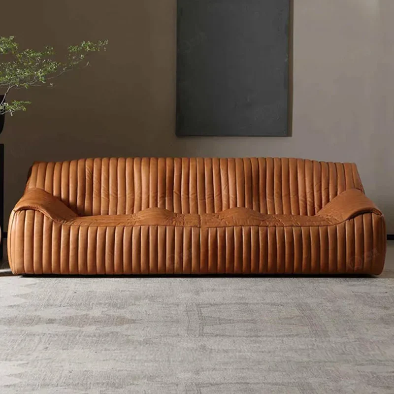 

Chinese Ancient Style Leather Sofa Living Room Modern B & B Designer American Retro Oil Wax Skin Caramel Wave Sofa