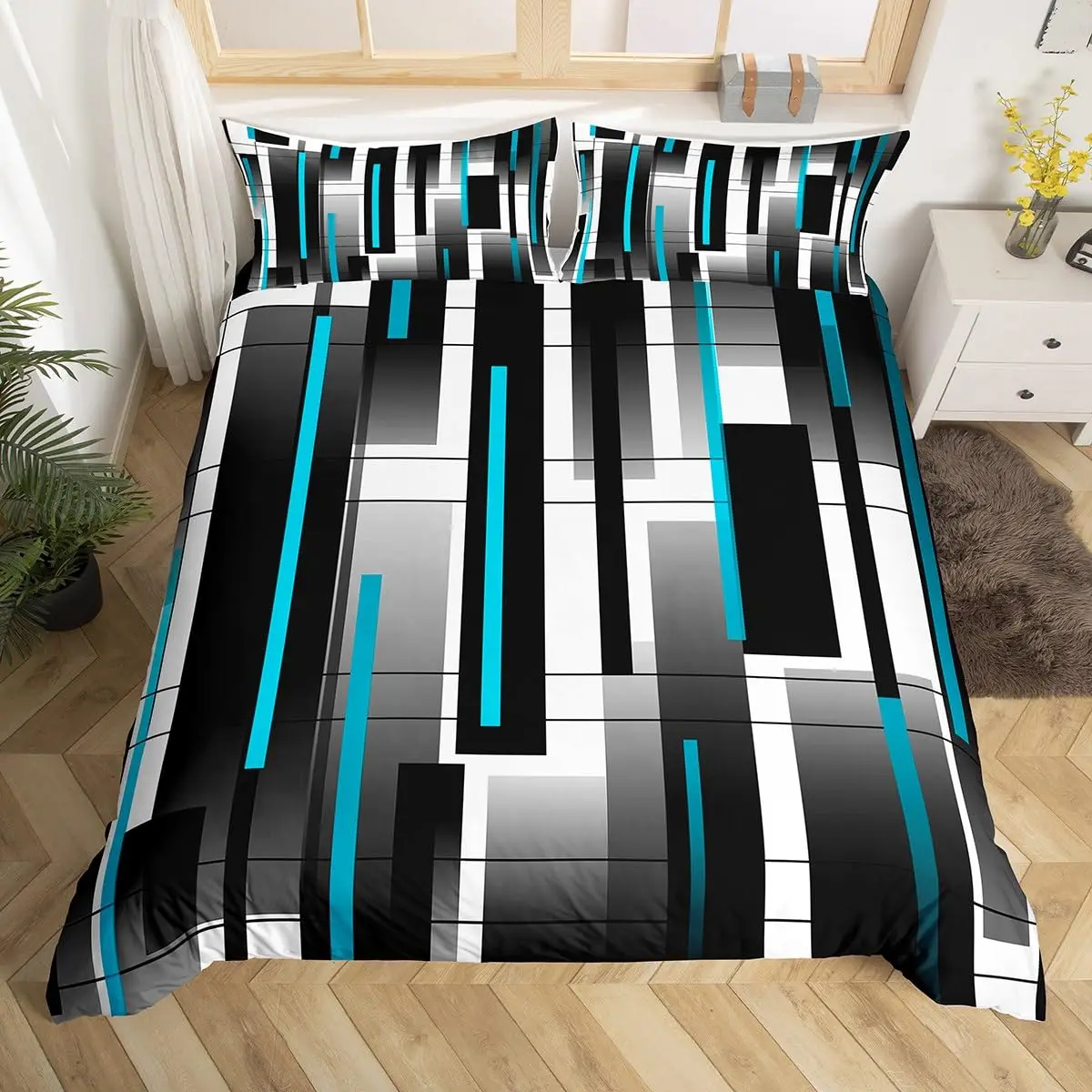 

Square Lines Bedding Set, Black Line Duvet Cover for Kids Teen Boys Girls,Modern Abstract Comforter Cover Decorative Room 3pcs