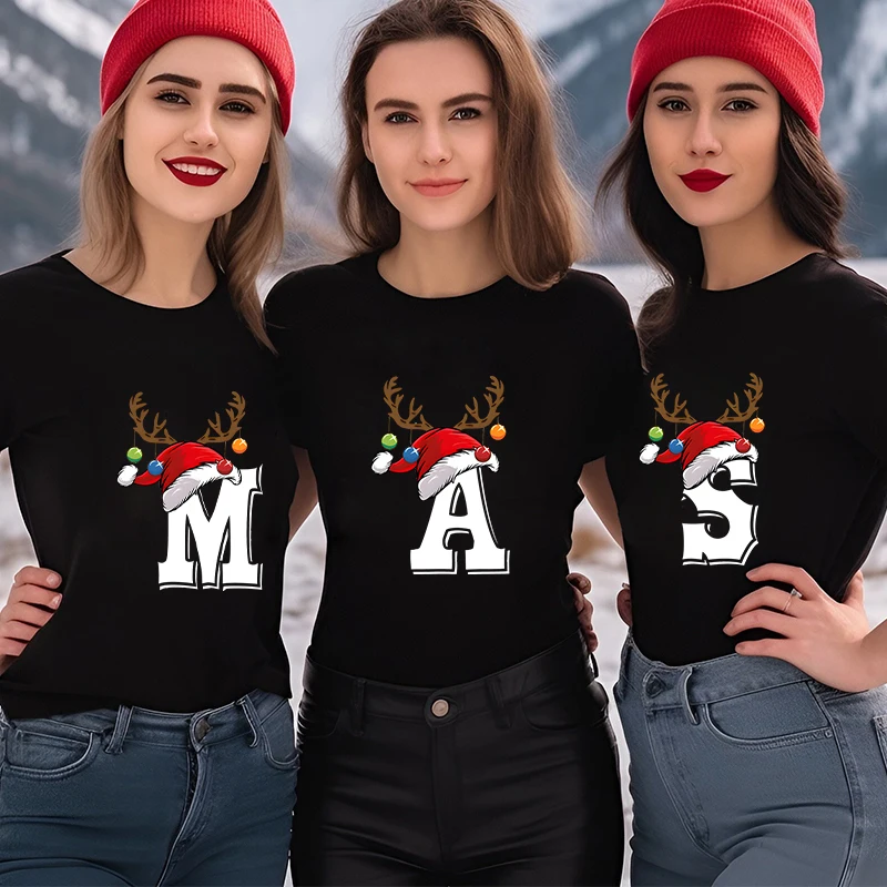 Funny Christmas Party Tshirt Fashion Women T Shirt Tops Short Sleeves T-shirt 26 A~Z Alphabet Casual Tees with Santa Hat Gift