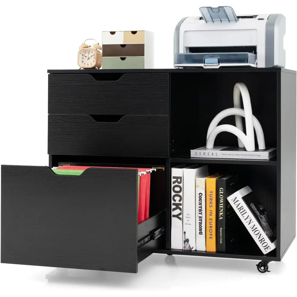 

3-Drawer Letter/A4/Legal File Cabinet with Rolling Printer Stand and Adjustable Shelves - Black