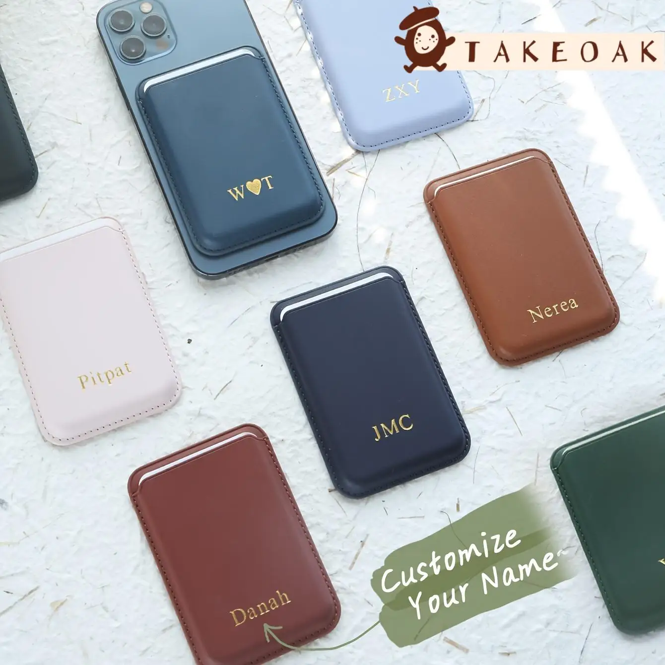 Custom Gold Foil Name / Dual Initials Magnetic PU Leather Phone Card Holder Slim Single Pocket Detachable MagSafe Back Wallet