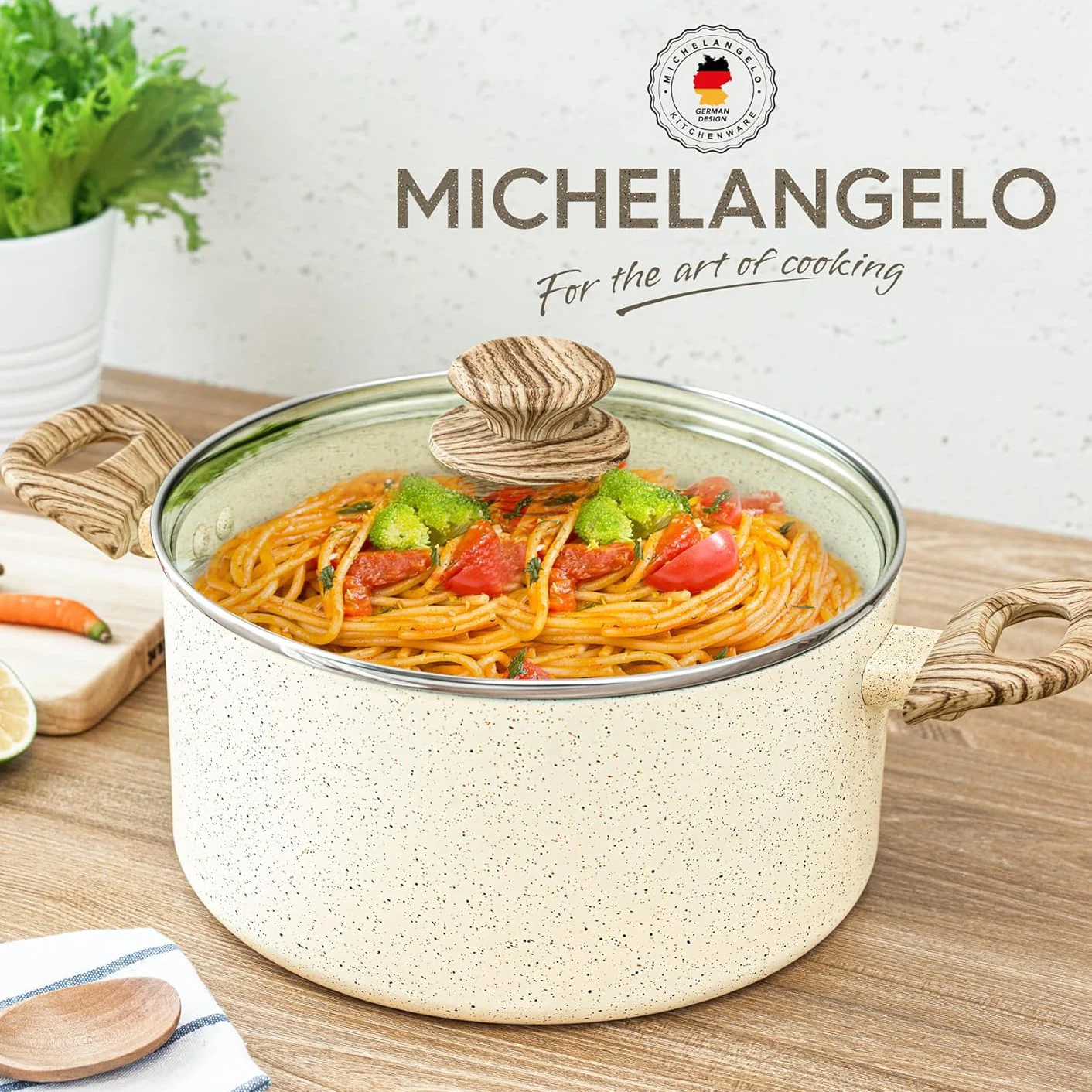 

MICHELANGELO антипригарная суповая кастрюля с деревянной ручкой 6QT алюминиевая кастрюля для соуса с кремовым покрытием кастрюля индукционная плита посуда