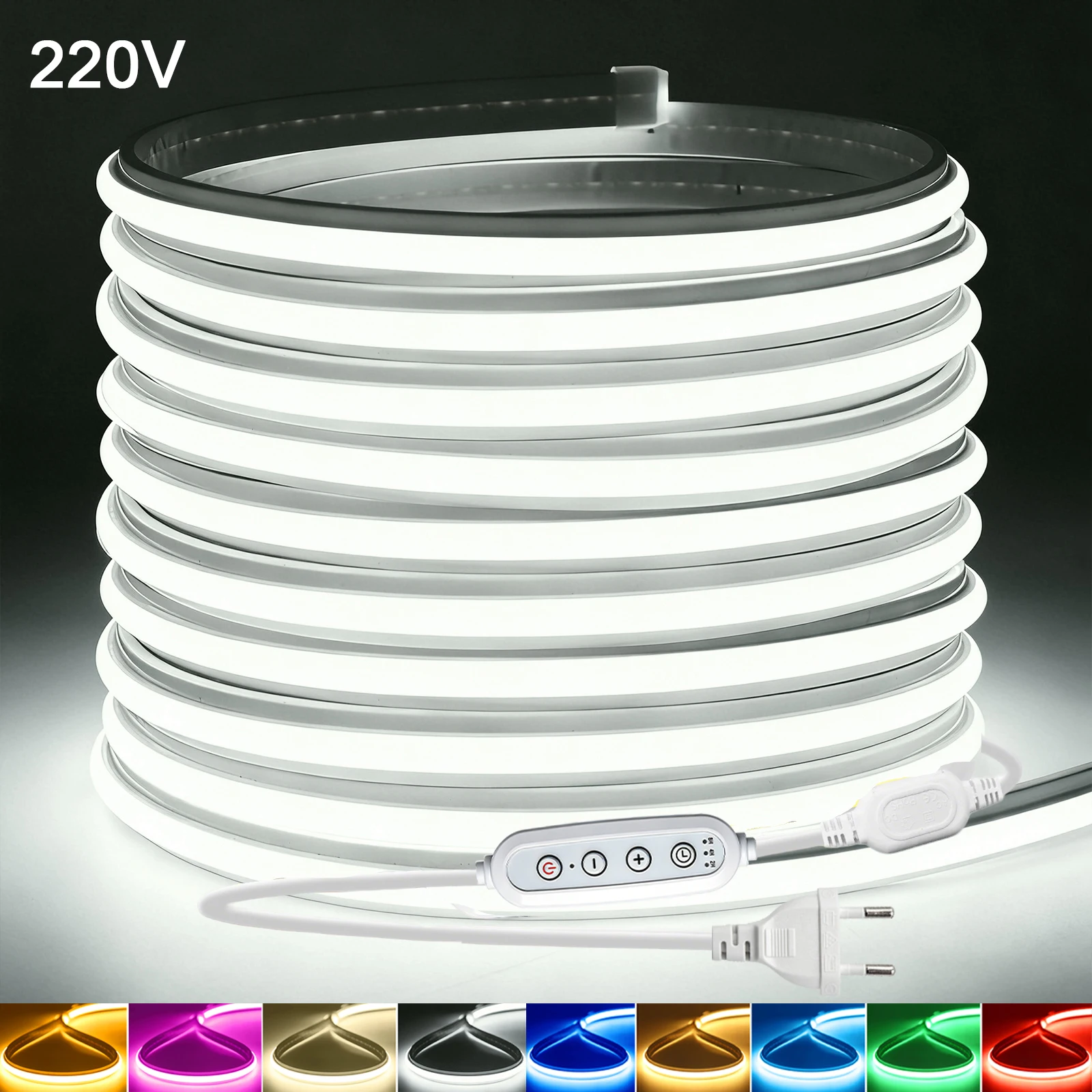 Dimmable 220V COB LED Strip Light Waterproof 4Key Dimmer EU Power Ribbon Tape 240LEDs Red Green Blue Warm White Flex Neon Decor