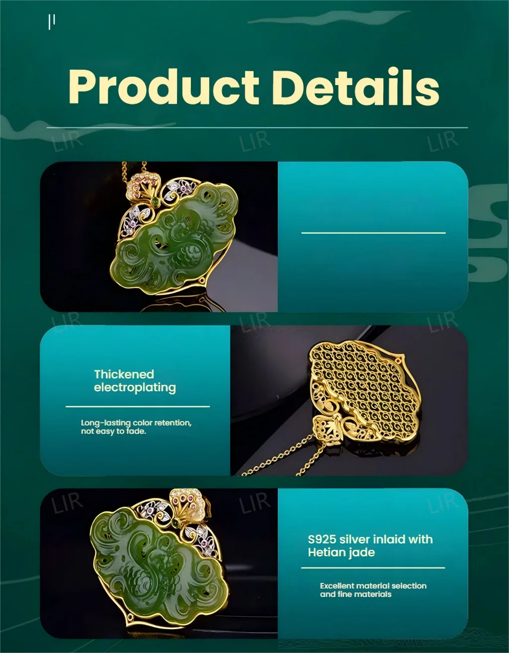 قلادة LIR S925 من الفضة: قلادة تخريمية مجوفة من اليشم الهيتي الطبيعي "Jade Phoenix". |   الحظ الوظيفي + شهادة المجوهرات