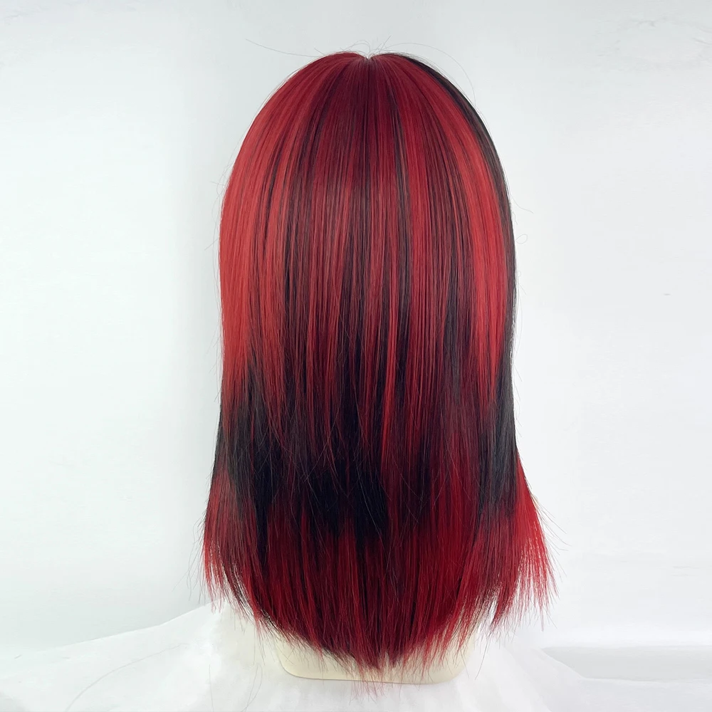 Red Black Highlights Short Straight Synthetic Wigs with Bangs Lolita Cosplay Fluffy Women Wig for Daily Party