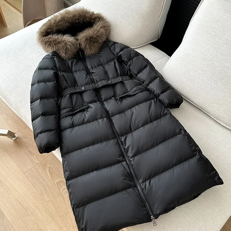 New Winter Women Large Real Fox Fur Collar Hooded Down Jacket Long Luxury High Waist Puffer Coat Thick Warm Windproof Snow Parka