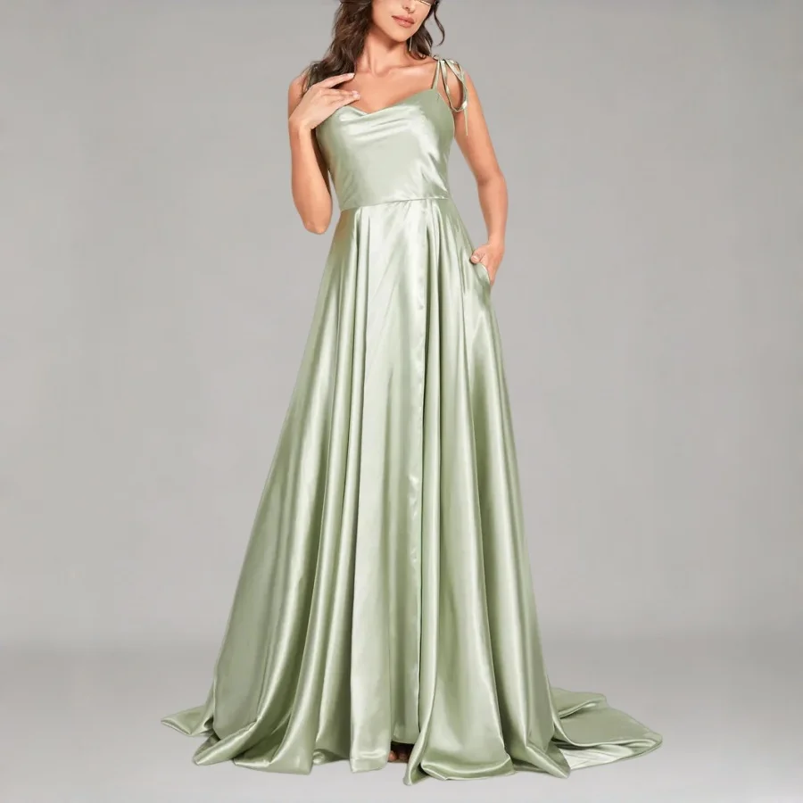 Sage Green Cowl Neck Summer Beach Women Dress Sexy Spaghetti Straps Leg Slit Satin Maxi Dresses for Female Casual Party