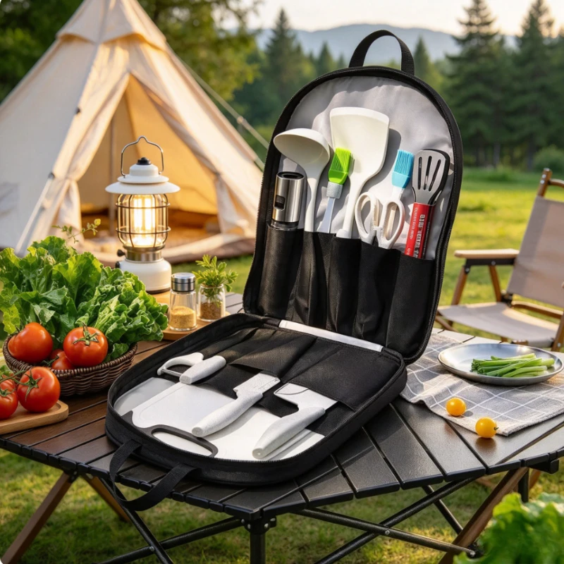 Portable Camping Kitchen Knife Set, Cooking Utensil Kit with Cutting Board, Heat-Resistant Materials for BBQ or Picnic Prep