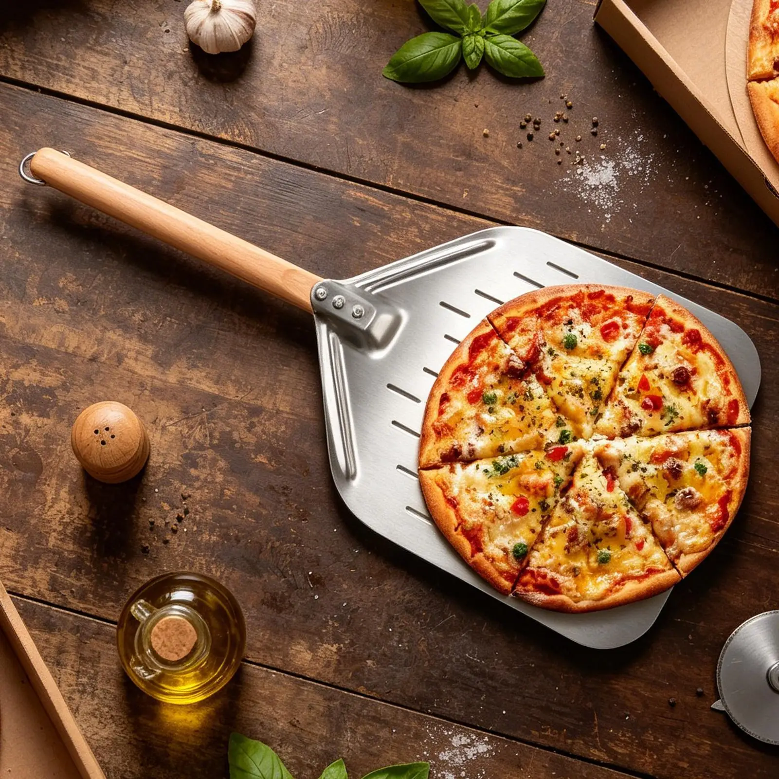 Perforated Pizza Peel 12 Inch Stainless Steel Perforated Oven Turning Tool Pizza Spatula Paddle with Wooden Handle for Kitchen