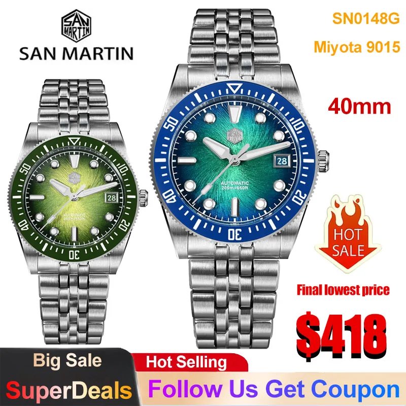 San Martin SN0148 Men Diver Watch 37.5mm 40mm Classic Simple Dial Miyota 9015 Automatic Mechanical Watch 200m Waterproof Watches
