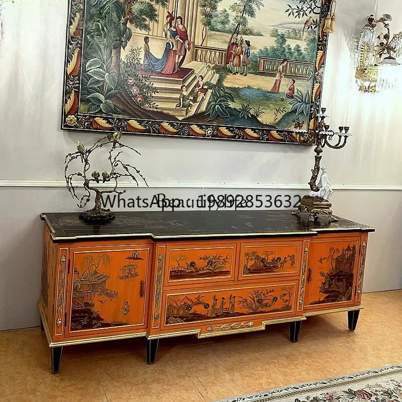 FF Neoclassical luxury painted TV cabinet low cabinet French Chinese style orange living room floor cabinet villa solid wood
