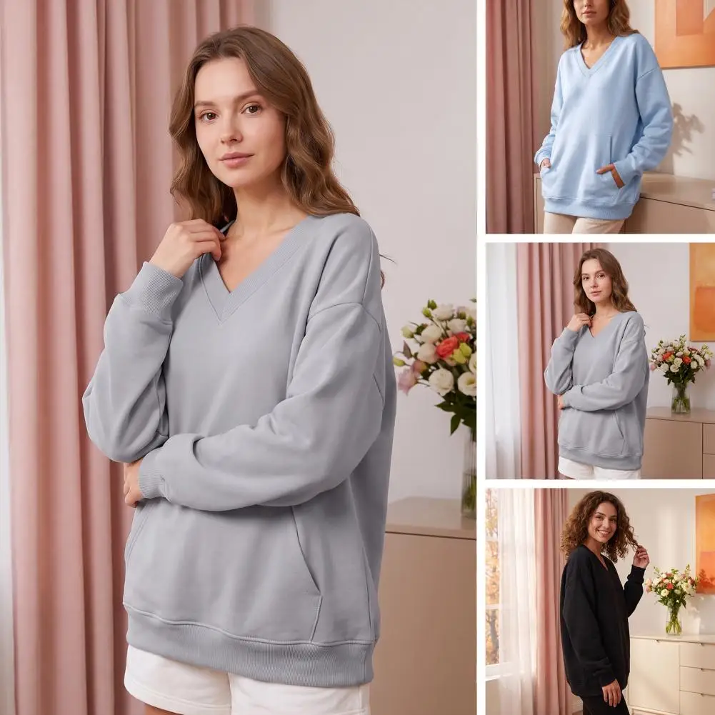 Winter Layering Clothes Women V-neck Sweatshirt Oversized Pullover Solid Color Long Sleeve Jumper Mid-length for Fall for Women