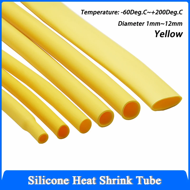 1/5M 1.7:1 Yellow Silicone Heat Shrink Tube Dia 1-12mm Flexible Cable Sleeve Insulated High Temperature DIY Wire Wrap Protector