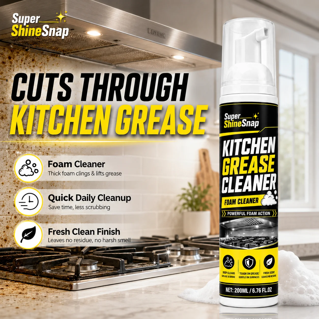 100ml Black & Gold Kitchen Grease Foam Cleaner, Multi-Surface Foaming Cleaner for Stovetops, Range Hoods, Sinks & Countertops, Easy-Wipe Daily Kitchen Care, Fresh Clean Scent