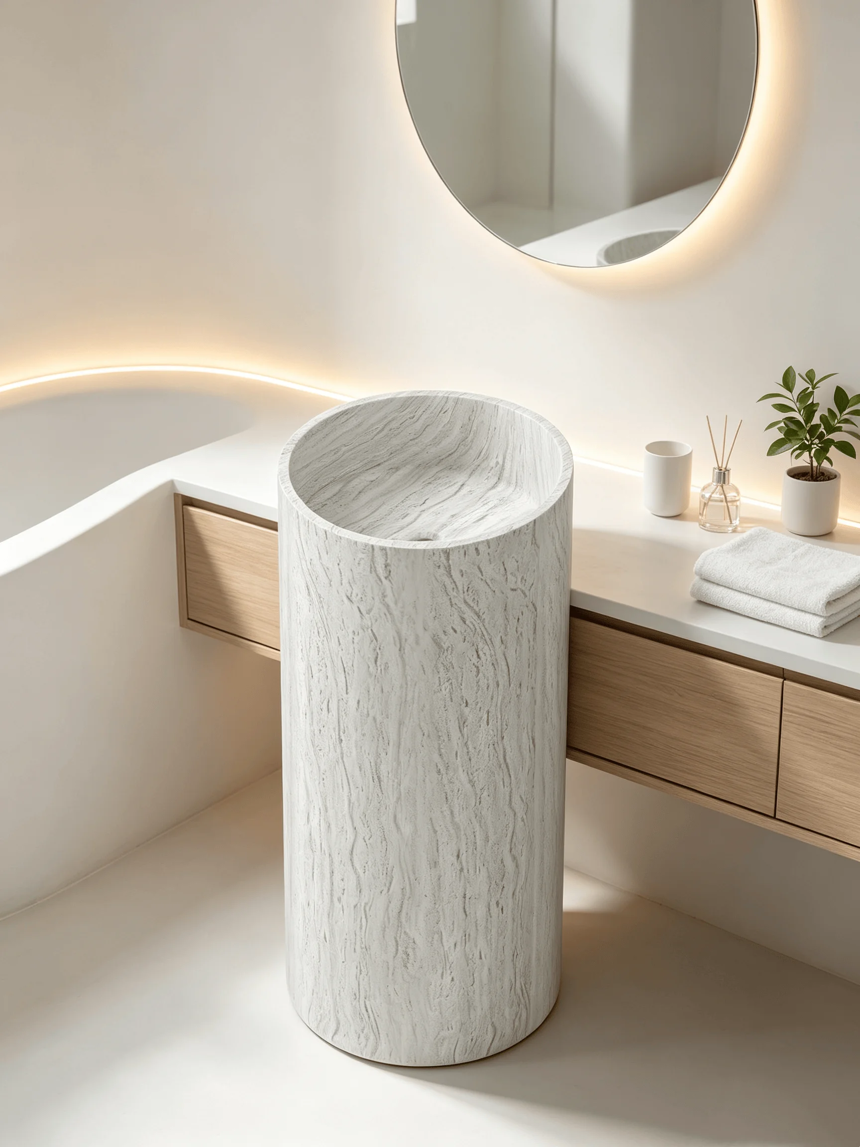 Modern Marble Pattern Freestanding Vessel Sink Solid Surface Pedestal Basin Round Bathroom Wash Basin Vanity Sink