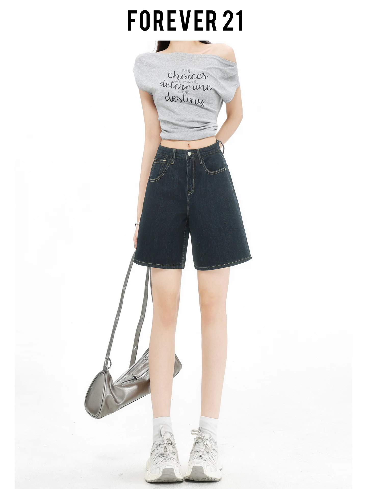 Shorts de Mezclilla Azul de Cintura Alta y Pierna Recta Forever 21 para Mujer, Estilo Americano, Corte Holgado Informal, para Verano, Estiliza la Figura Tipo Pera