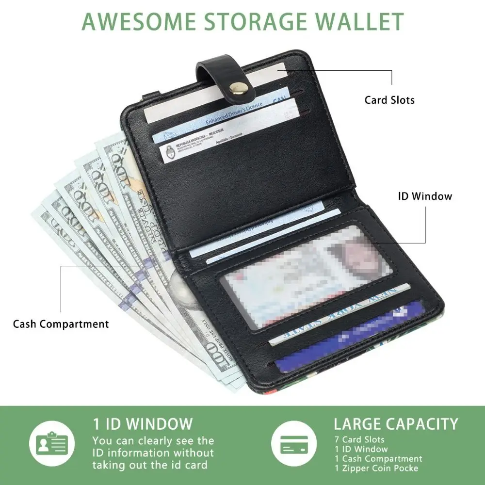 Cute RFID Card Holder PU Leather Black Cat Floral Women Wallet Ultra-Thin Multi-card Slot Coin Bag Daily Use