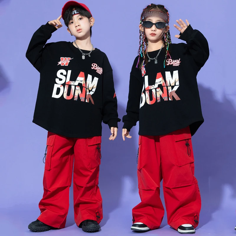 Trajes de baile moderno de Jazz para niños, Sudadera negra, pantalones Cargo rojos, traje para niñas, ropa de baile de Hip Hop para Rave, DQS14187, 2023