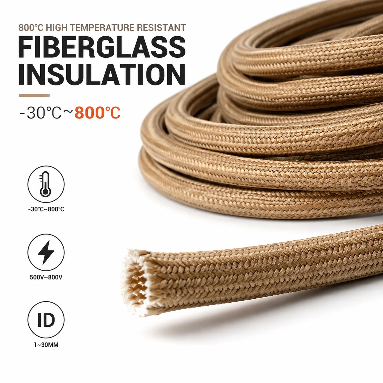 800deg fiberglass tube, inner diameter 1-30mm, heating equipment harness insulation protective sleeve