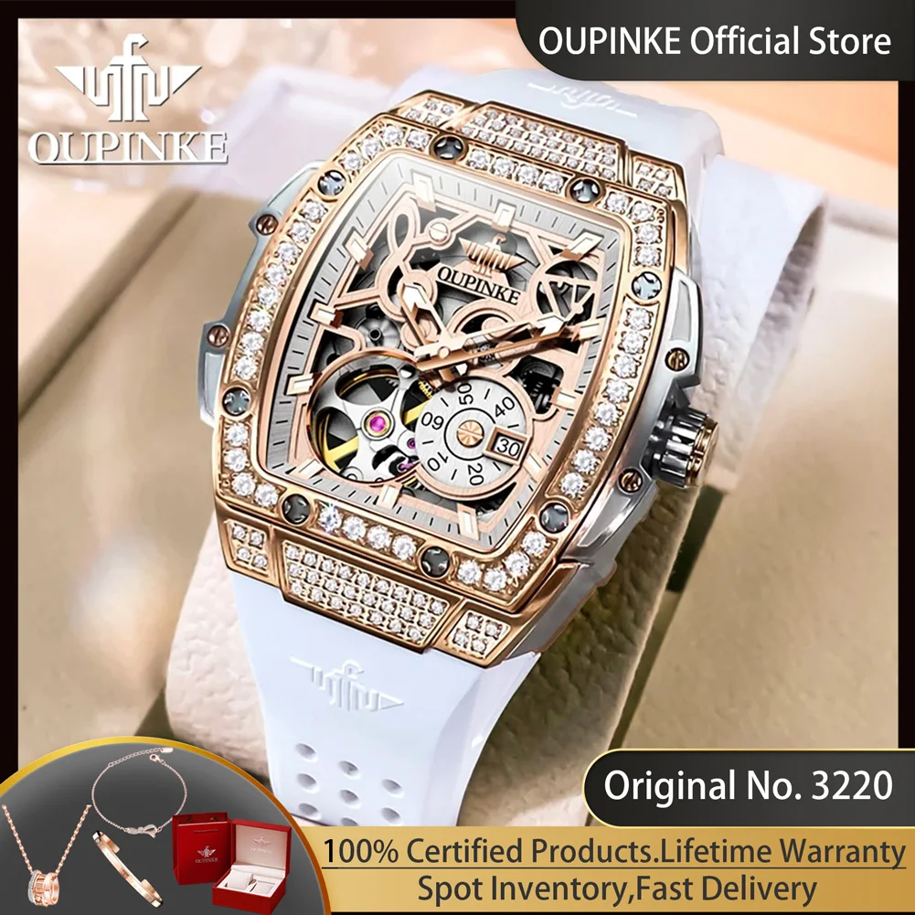 OUPINKE 3220 Flywheel Skeleton Mechanical Watches for Women Diamond Luxury Silicone Strap Wristwatch Sapphire Mirror Dress Watch