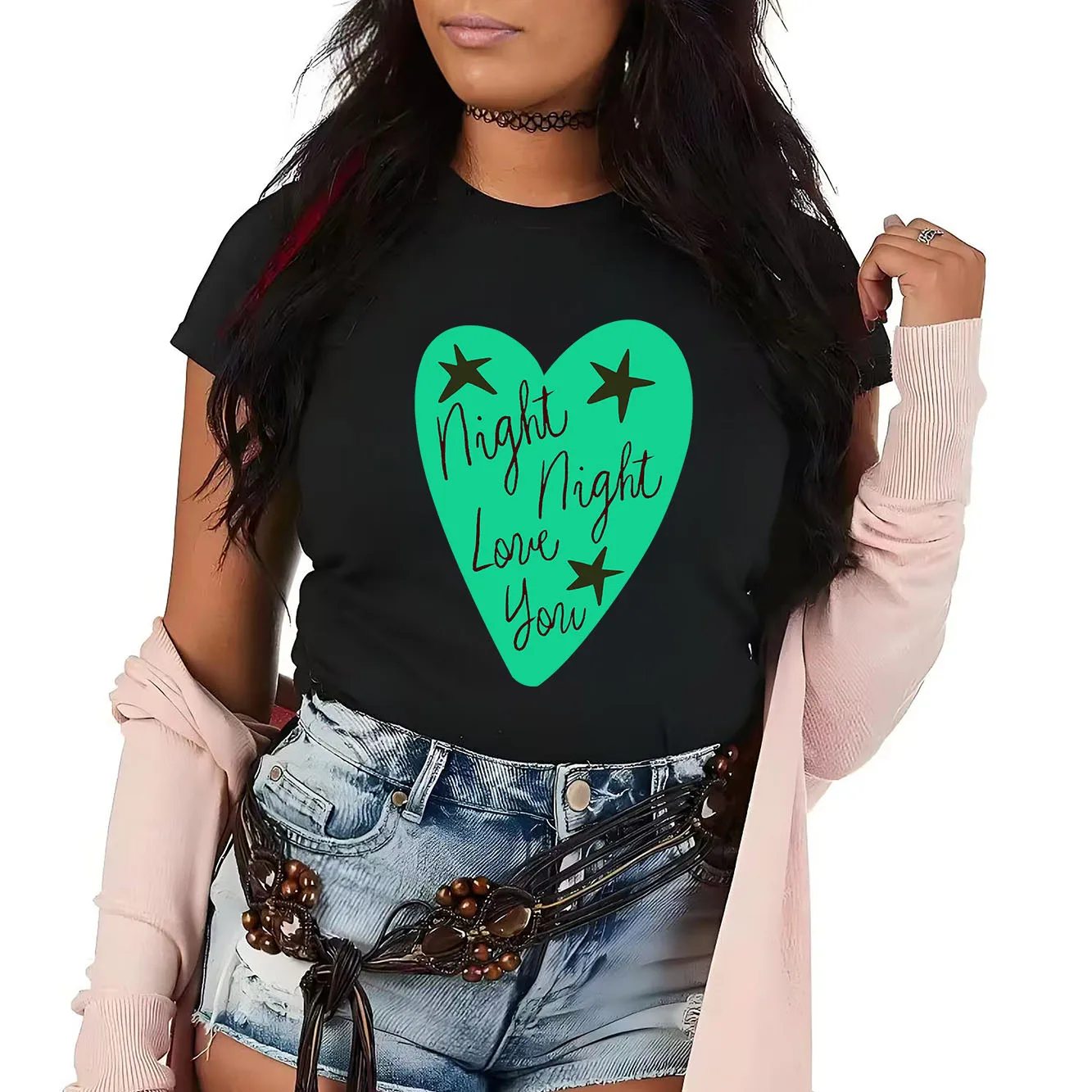 사랑의 편지 프린트 패턴 티셔츠 캐주얼 반팔 라운드넥 사계절 모두 착용 가능한 다용도 여성 티셔츠