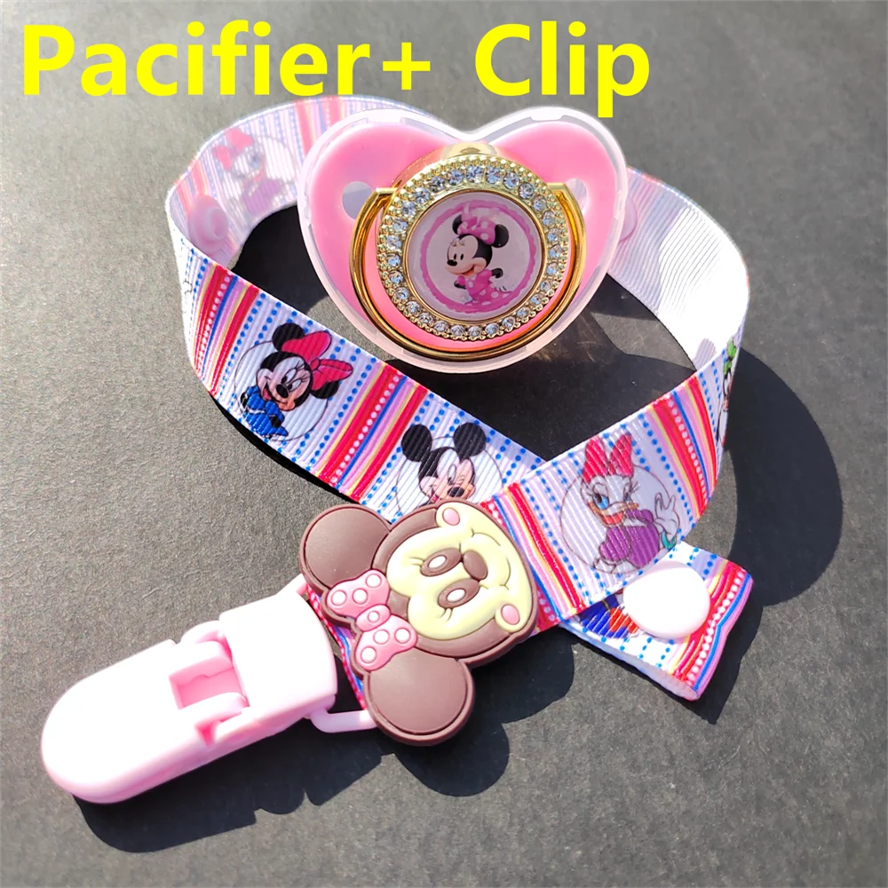 [1 Set] Minnie Mouse Minnie Mouse Cartoon Image Print Strap Pacifier Holder with Pink Rhinestone Blingbling Silica Gel Pacifiers