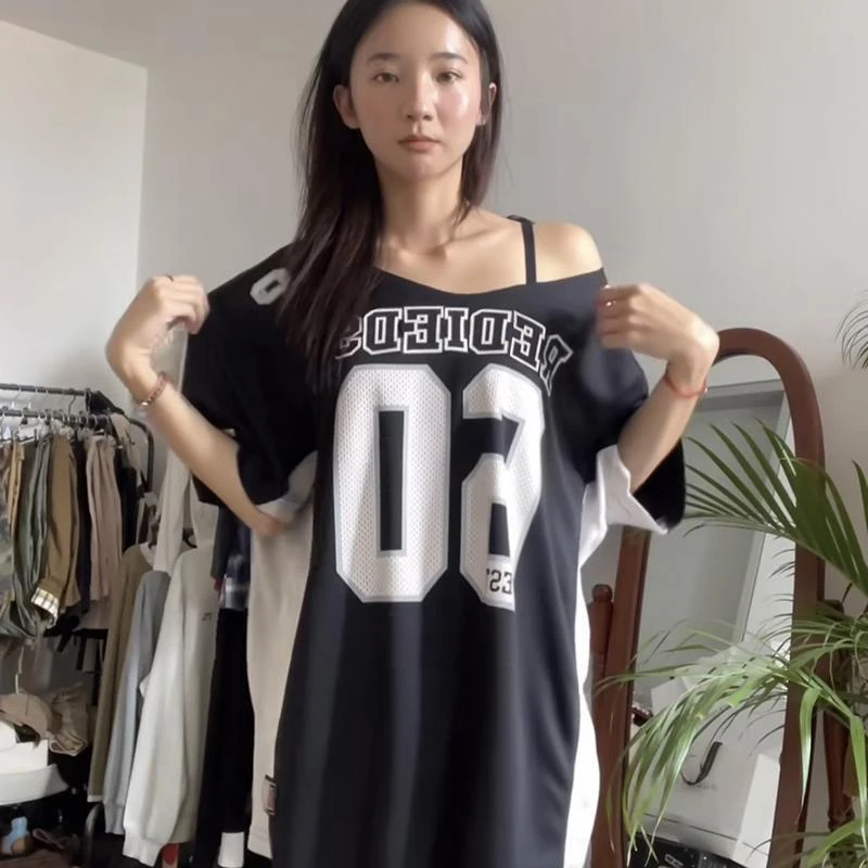 American Retro Summer College Style Printed Casual Sports Short Sleeve T-Shirt Women Loose Large Version BF Black Top Women