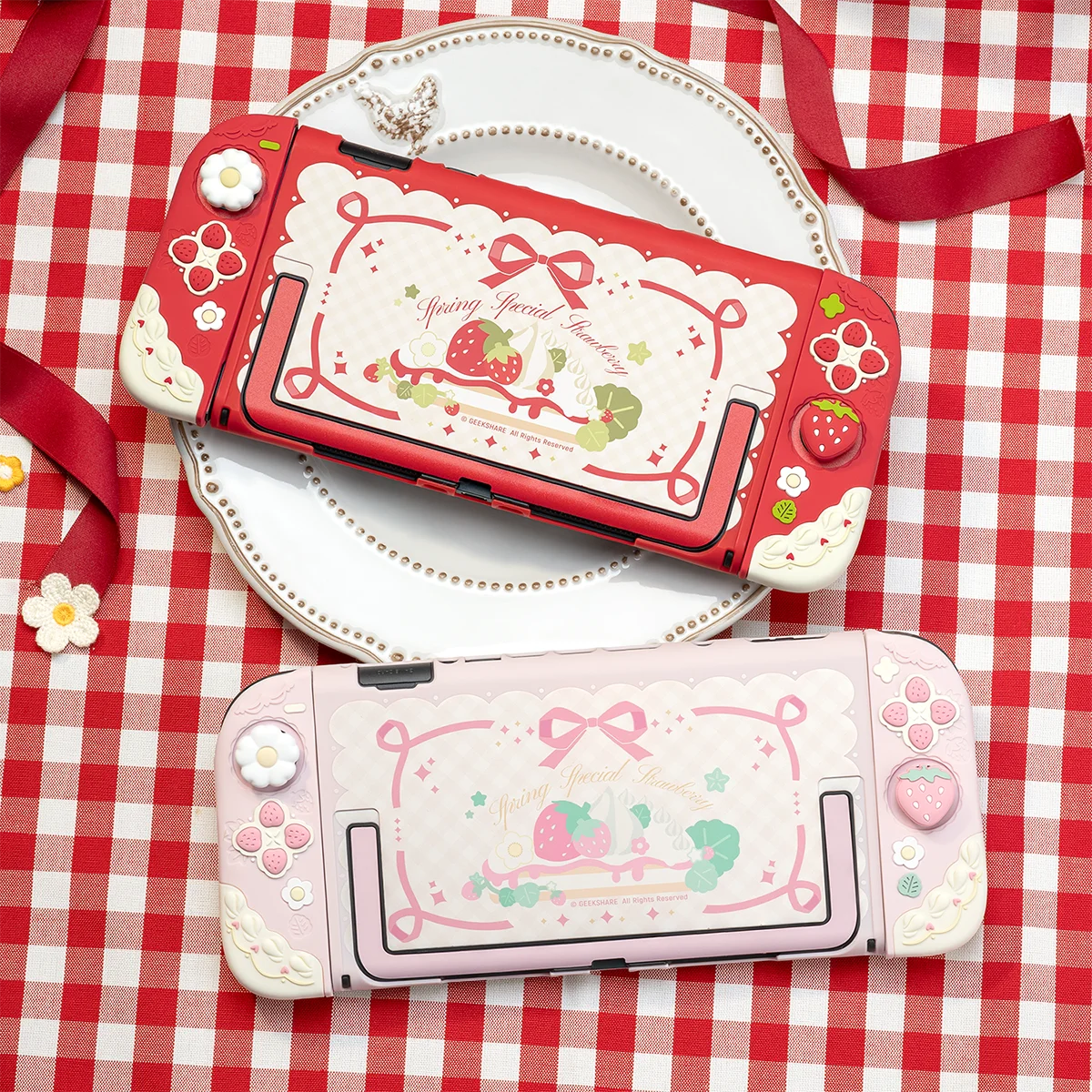 Geekshare Spring Strawberry Silicone Protective Case and JoyCon Cover for Switch 2 with 1Pair Customized Thumb Grips