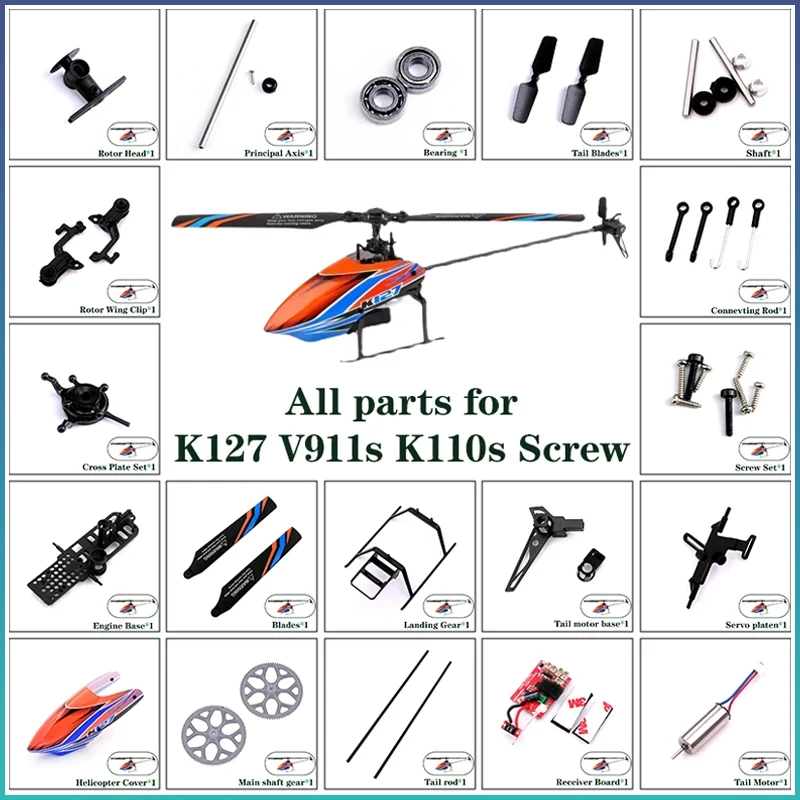 Wltoys K127 V911S RC Helicopter Parts - Head Canopy Receiver Board Blade Tail Motor Rotor Servo Accessories for K127  Models
