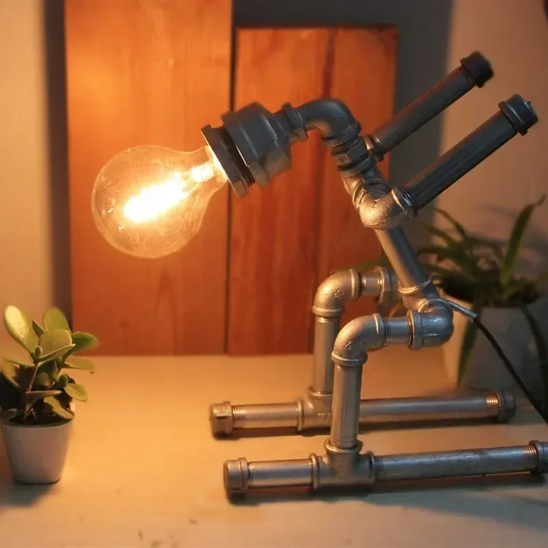 Loft Industrial Retro Robot Water Pipe Desk Lamp Creative Bedside Light for Student Dormitory Bar Home Decoration Gift