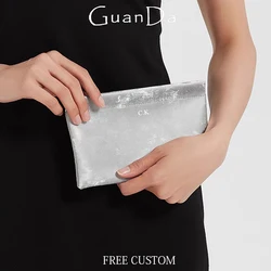 Genuine Leather Custom Initials Silk Phone Purse Soft Suede Leather Luxury Woman Long Wallet Card Holder Coin Purse Clutch Bags