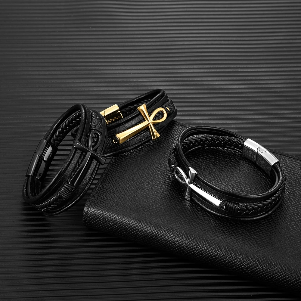 MKENDN Simple Classic Cross Egyptian Ankh Life Symbol Antique Multilayer Leather Bracelet Men 316L Magnetic Clasp Wrap Bangle