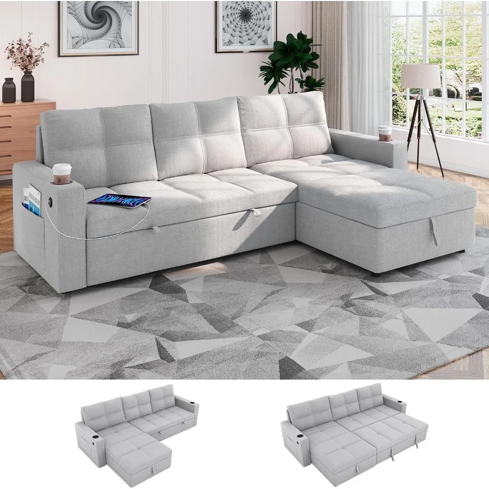 

US Shipping 85 Inch Modular Sectional Sleeper Sofa Bed with Storage L Shaped Pull Out Couch USB Charging Cup Holders Side
