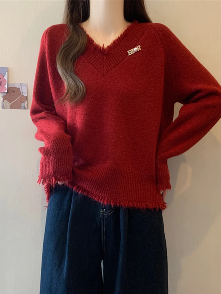 

Women's V-Neck Long Sleeve Knitted Sweater Slimming Base Layer Top Winter Fashion Design Casual Comfortable Inner Wear