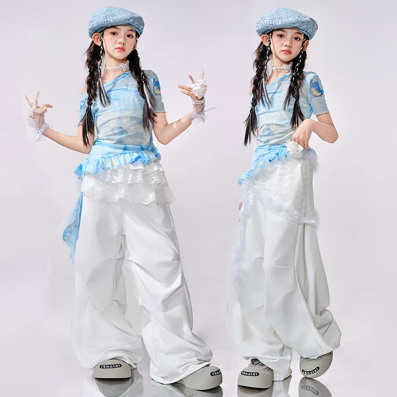 

Blue Kpop Jazz Dance Clothes Girls Summer Street Clothing White Shuffle Pants Hip Hop Dance Performance Costume Stage Wear 2187
