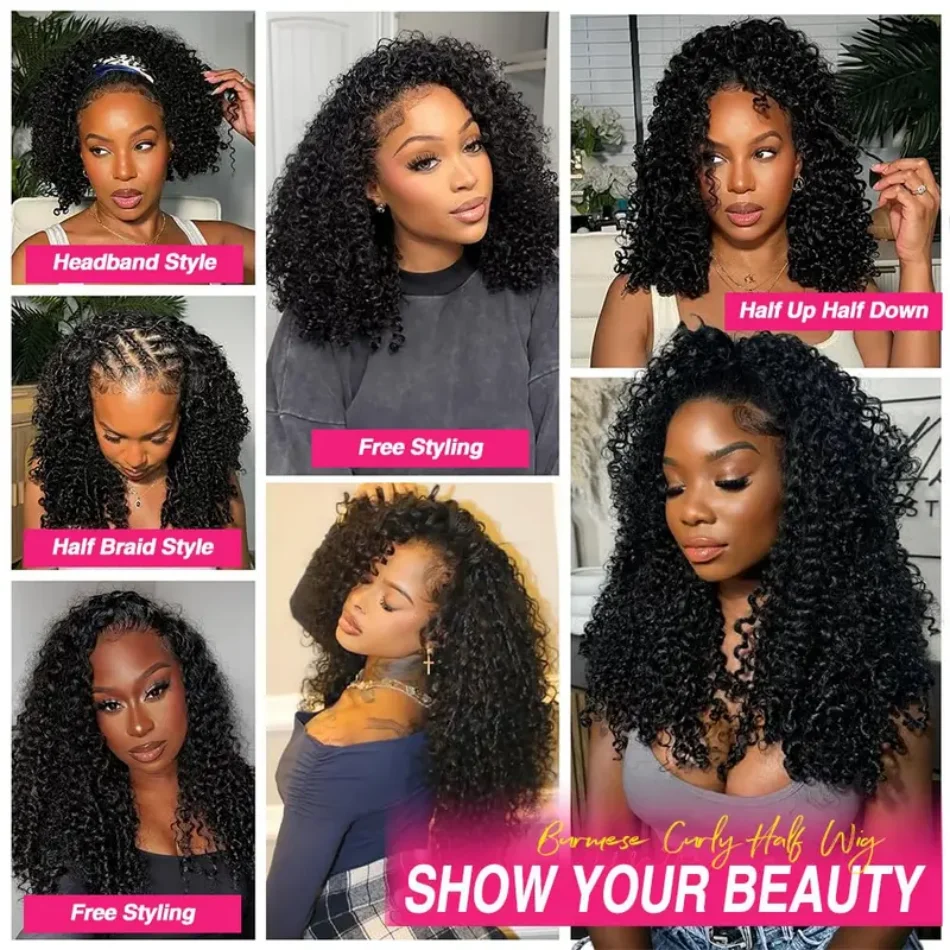 Burmese Curly Half Wig Human Hair Wig 3 In 1 Seamless Flip Over Half Wigs Beginner Friendly Glueless Wigs Human Hair With Spiral End Elastic Drawstring Wear And Go Wig Natural Color view 6