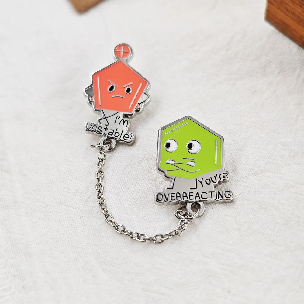 Funny Science Chemistry Enamel Pin with Chain Unstable Overreacting Brooch Set Cute Molecule Badge Gift for Science Teachers