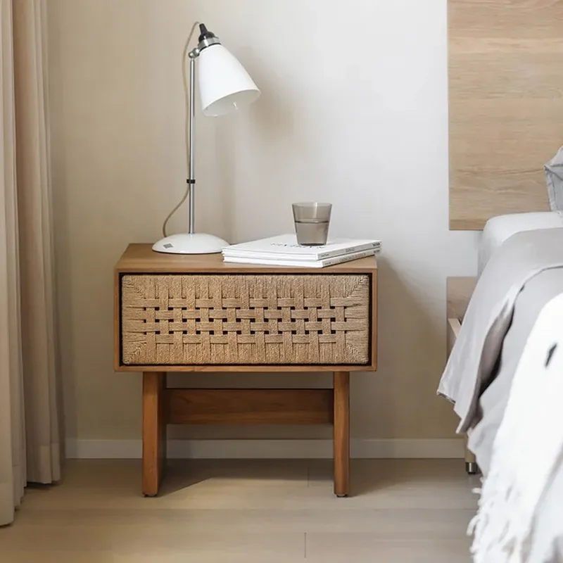 for Rattan Rope Woven Log Bedside Table Nordic Oak Black Walnut Wabi Sabi Style Pure Solid Wood Retro Edge Design Nightstand