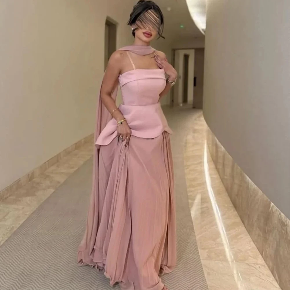 Flechazo Pink Evening Dress Classic A-Line Floor Length Strapless Sleeveless Customized Women Wedding Party Prom Gowns Robe