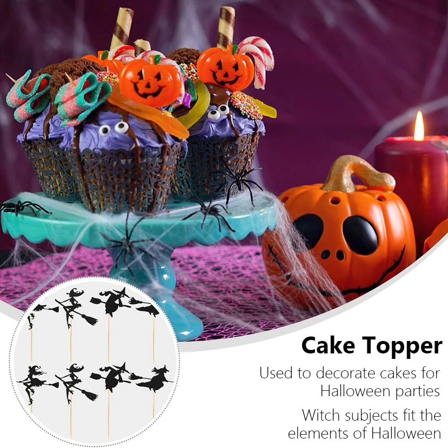 4 Stück Cupcake-Topper mit Hexenmotiv für Halloween, inklusive Tortenstäbchen zur Dekoration und als Gastgeschenke für Partys. – Detail 2