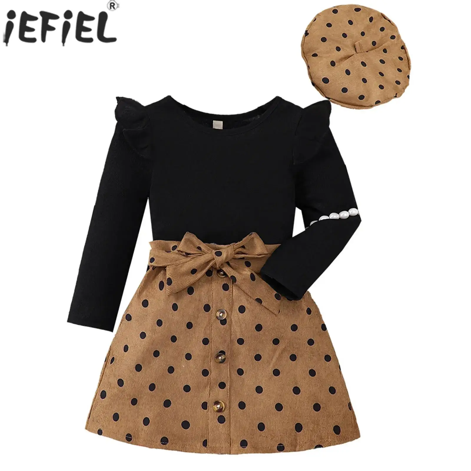 Baby Girls Birthday Party Outfit Fashion Casual Preppy Style Costume Long Sleeve Knit Tops with Skirt Beret Hat Fordaily School