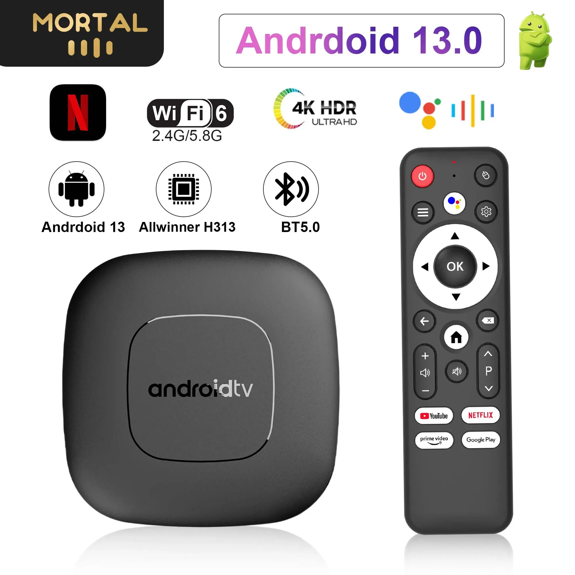 

Global Version Mortal T1 Android 13 Smart Theater TV Box 4K AllwinnerH313 Google Voice Assistant Control Netflix Chromecast BOX