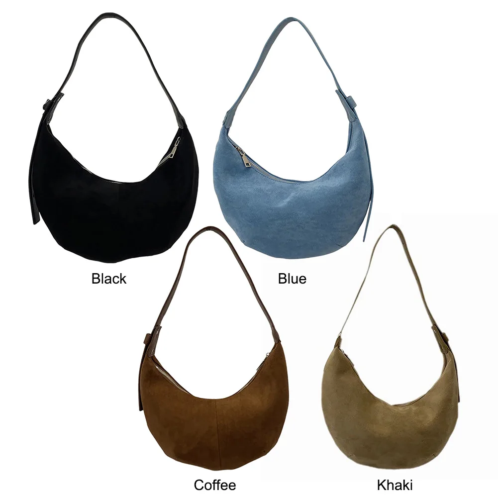 

Women Suede Shoulder Bag Zipper Closure Crescent Bag Solid Underarm Bag Clutch Purse for Work Travel