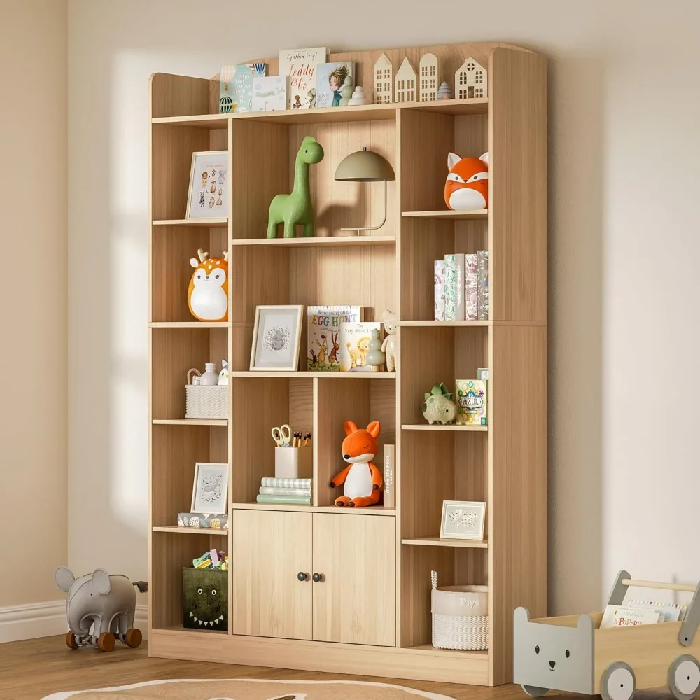 

63" Tall Oak Bookshelf, 5 Tier Bookcase with 14 Cubbies and 2 Cabinets, Freestanding Book Storage Shelves for Bedroom