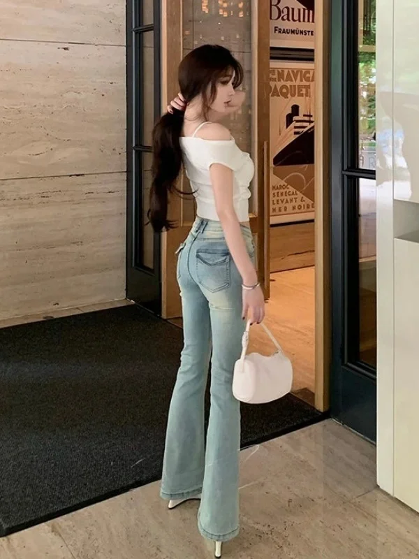 High Waist Flared Jeans Women's Retro Washed V Waist Hip Design Jeans Ladies High Elasticity Button Closure Other Fabric