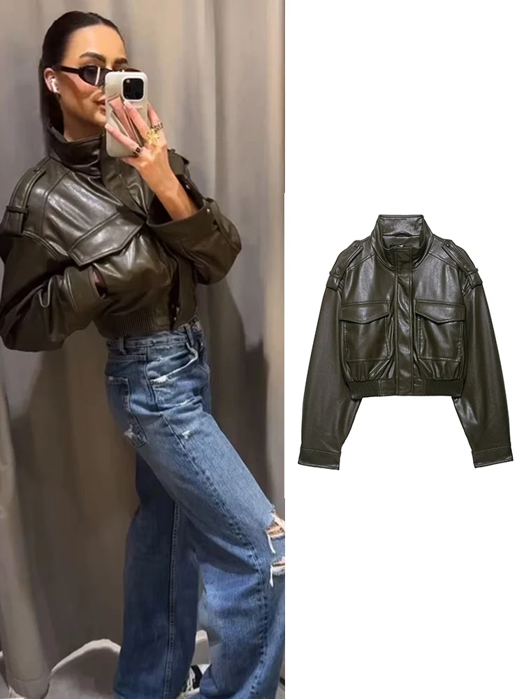 

Женская короткая куртка из искусственной кожи, повседневная шикарная куртка с воротником-стойкой, облегающая укороченная кожаная куртка, уличное карманное мотоциклетное пальто